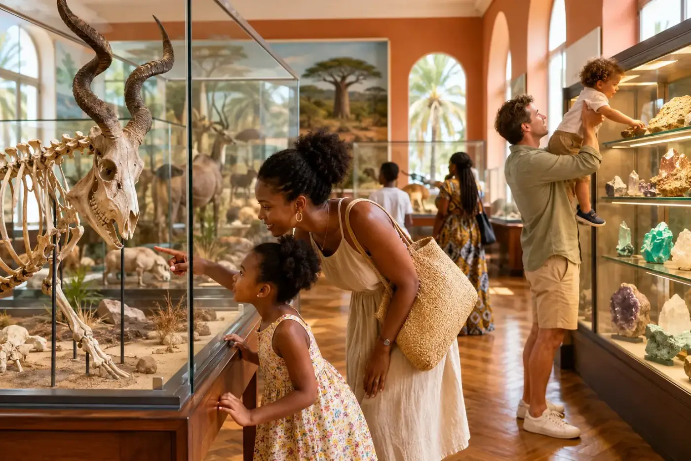 Moeder en dochter bekijken een opgezet dier in het natuurhistorisch museum van Luanda