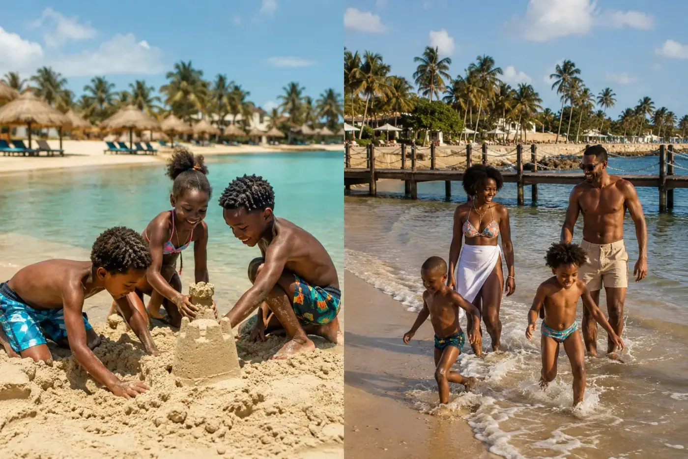 Kinderen bouwen zandkastelen op het rustige lagunestrand van Mussulo bij Luanda