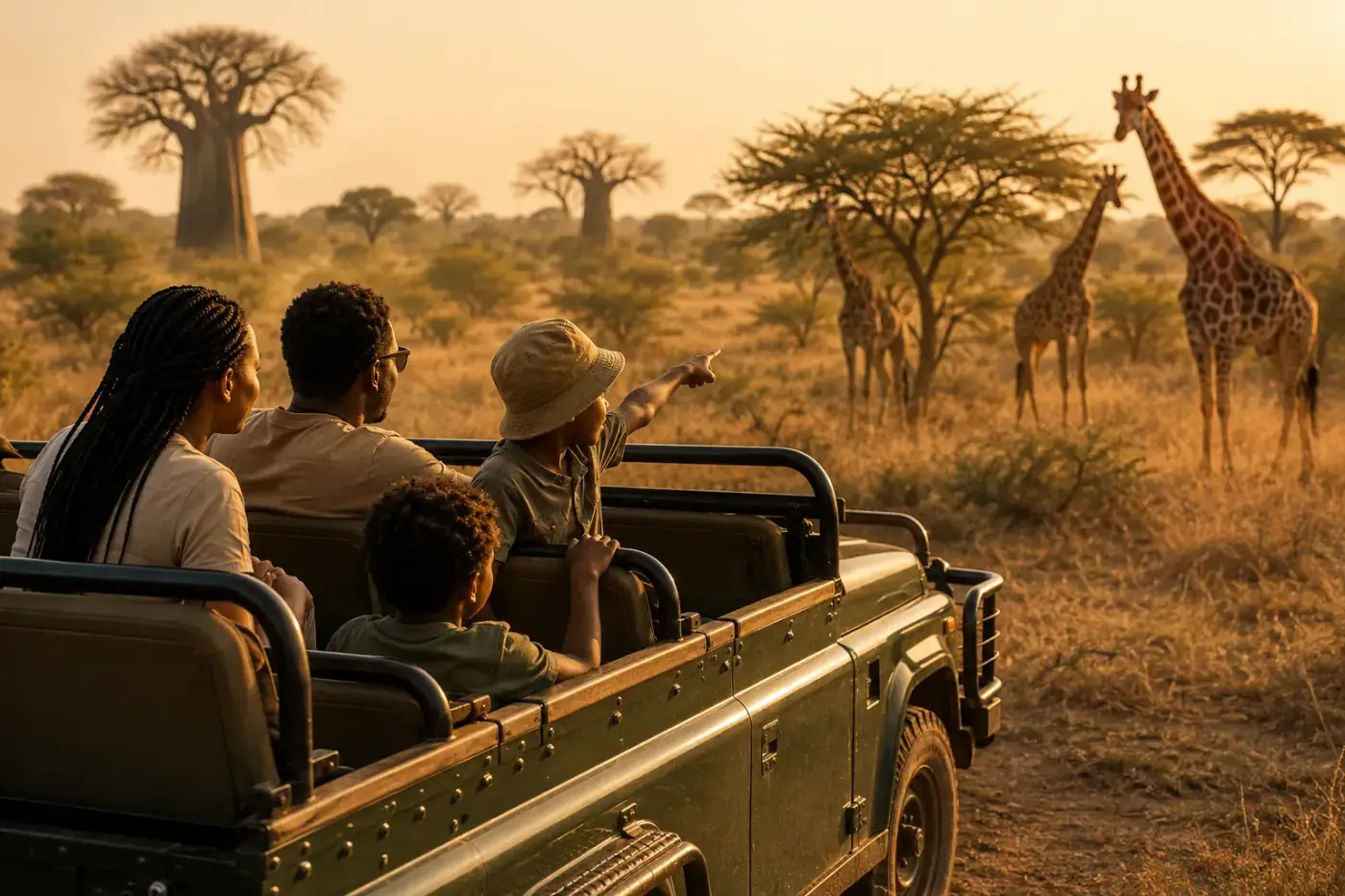 Kind wijst vanuit een safarivoertuig naar giraffen in Kissama National Park bij Luanda