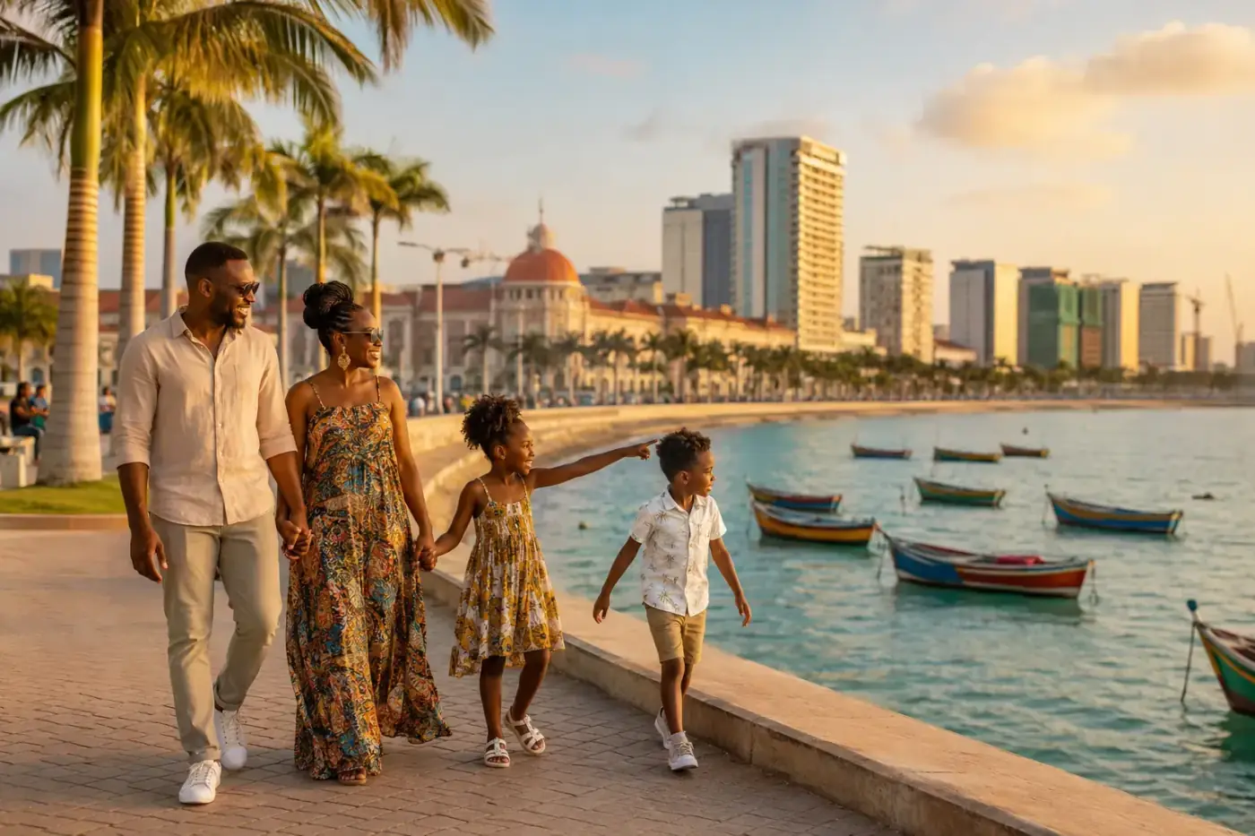 Angolees gezin met kinderen geniet aan de kust van Luanda met de Atlantische Oceaan op de achtergrond