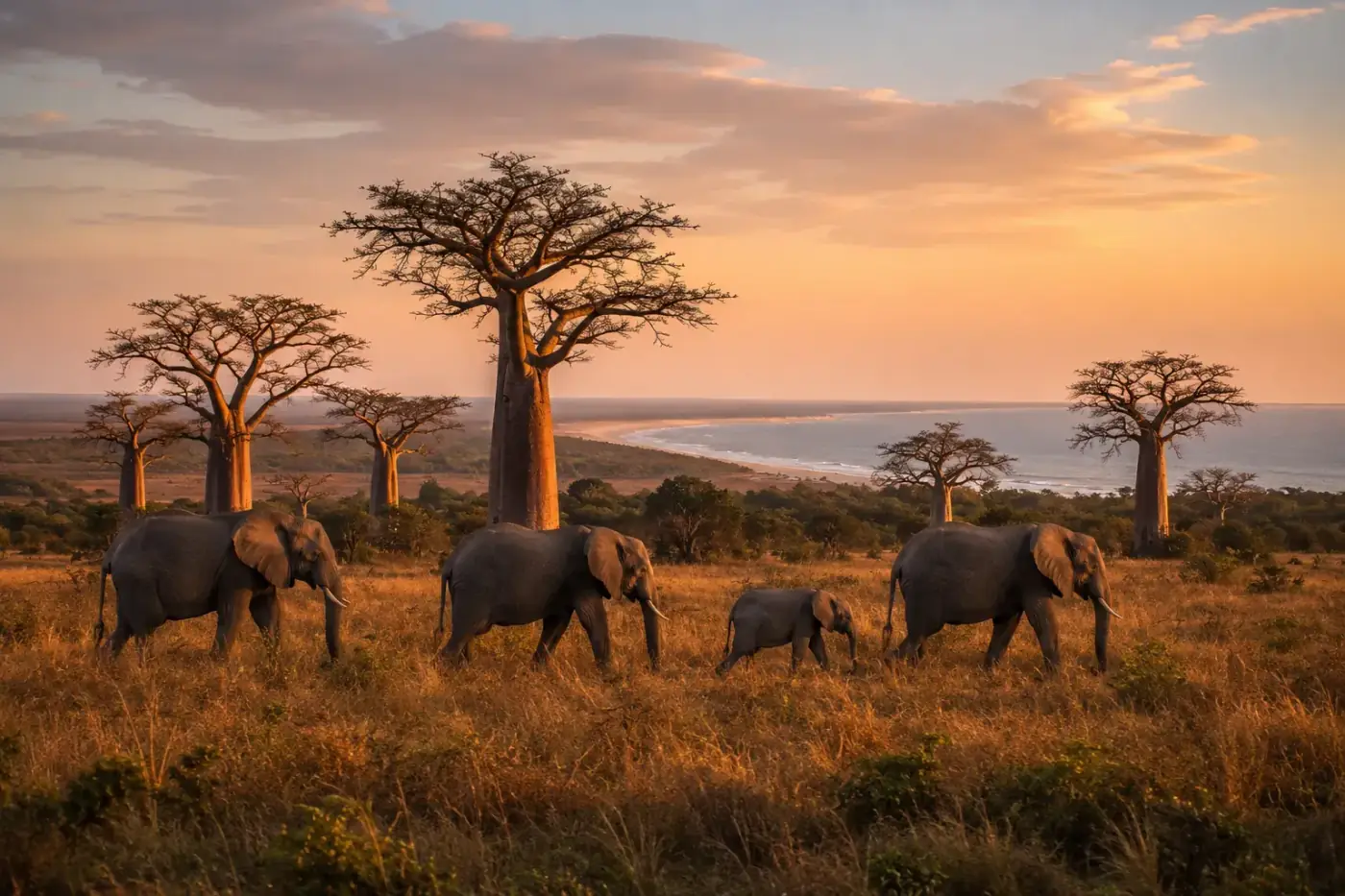Olifanten bij zonsopgang in Kissama National Park in Angola