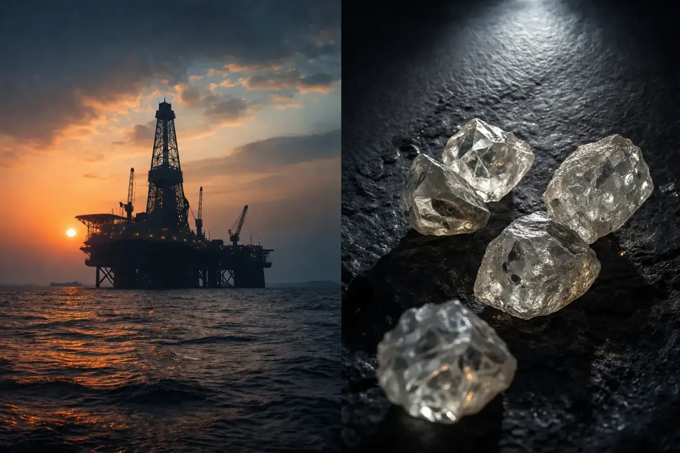 Offshore olieplatform en ruwe diamanten als symbool van de Angolese economie