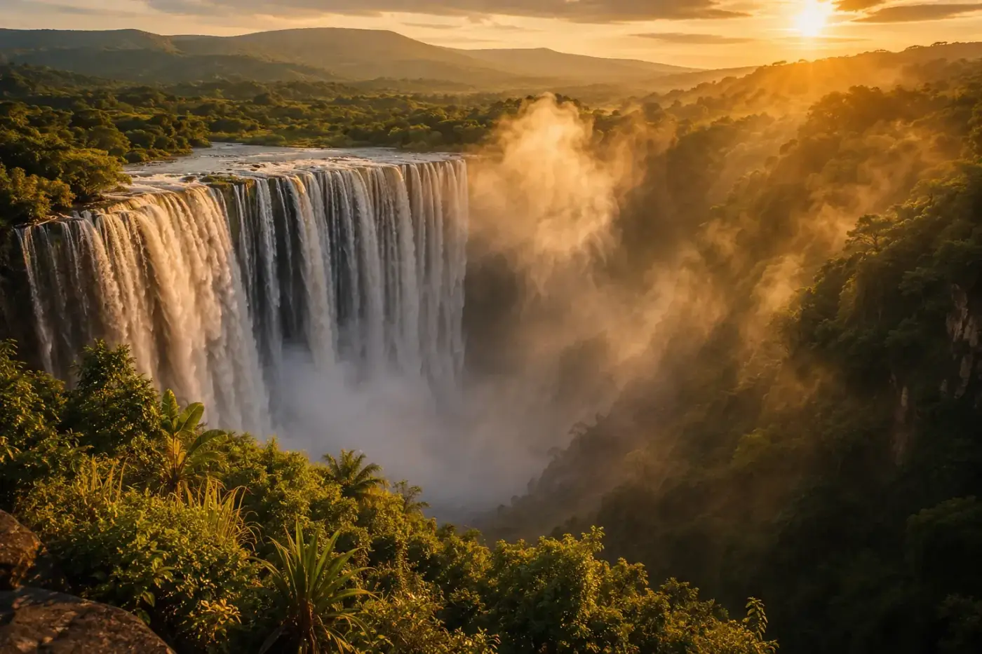 De Kalandula-watervallen bij zonsopgang in de provincie Malanje, Angola