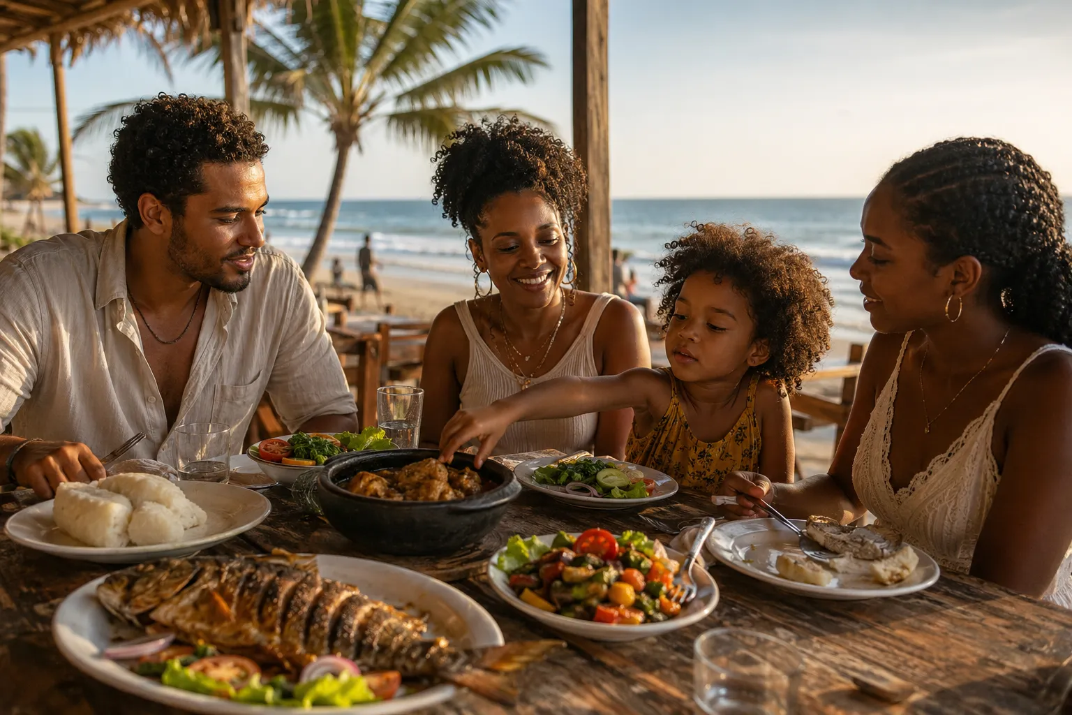 Gezin geniet van gegrilde vis en funge aan een strandrestaurant aan de Angolese kust