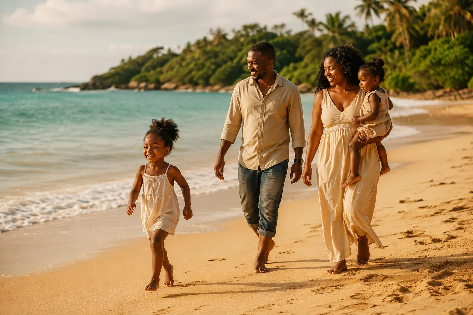 Angolees gezin met twee jonge kinderen wandelt over een goudkleurig strand aan de Atlantische kust van Angola