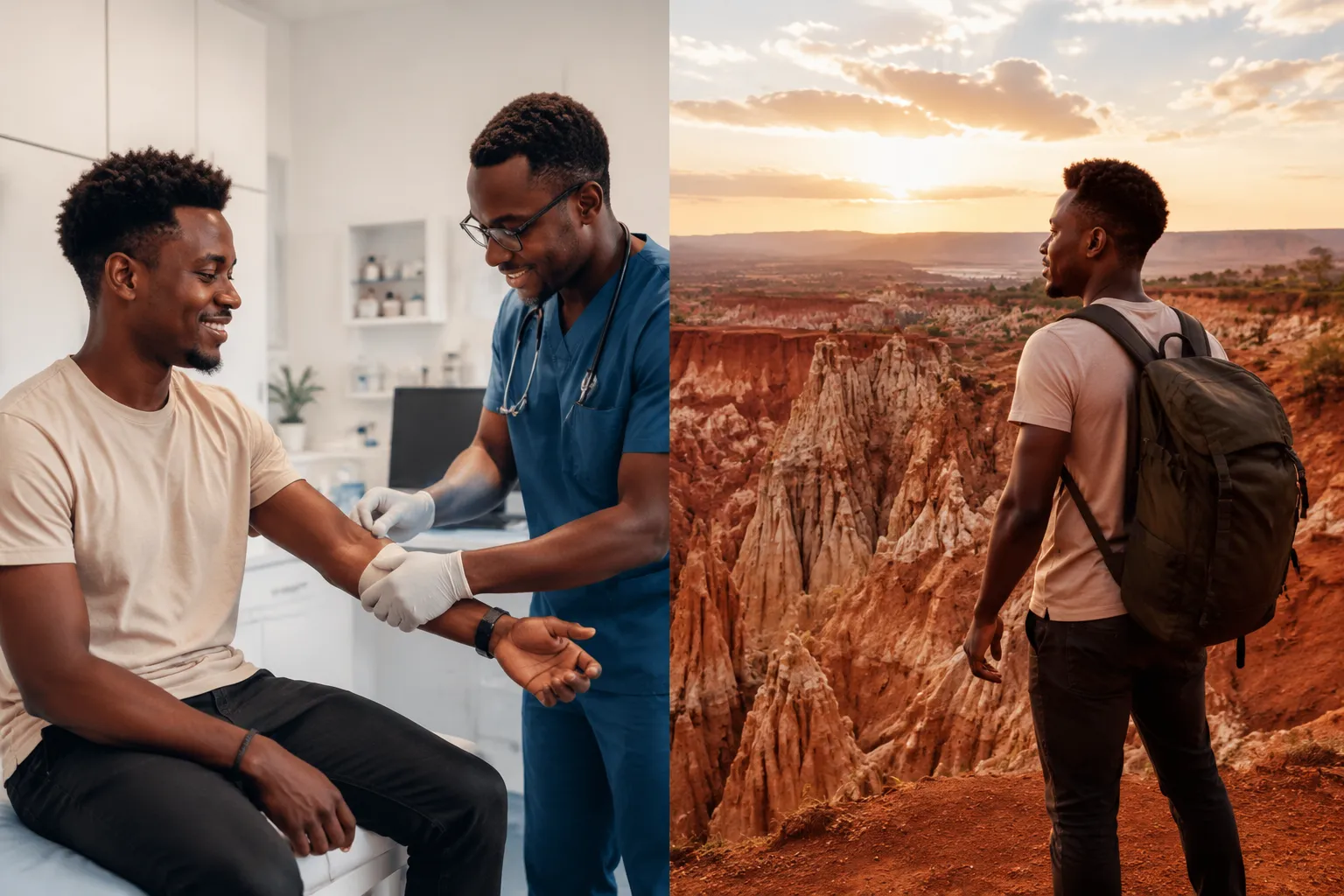 Medische zorg in een moderne kliniek en een reiziger in het ruige Angolese landschap