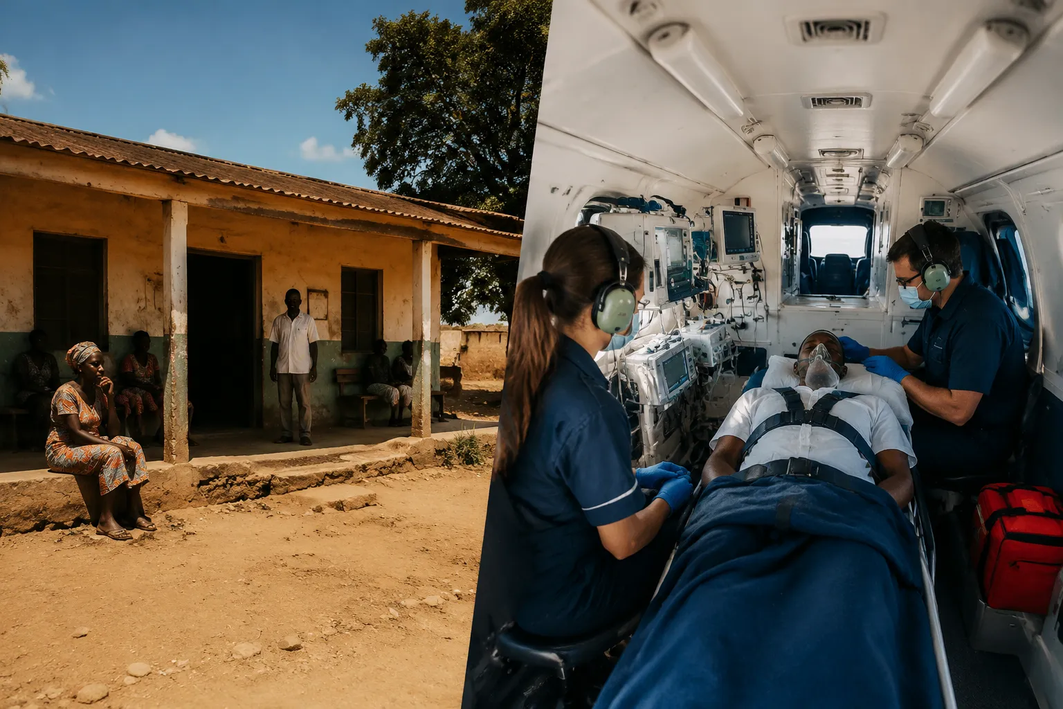 Een eenvoudige rurale kliniek in Angola tegenover een medische evacuatie per luchtambulance