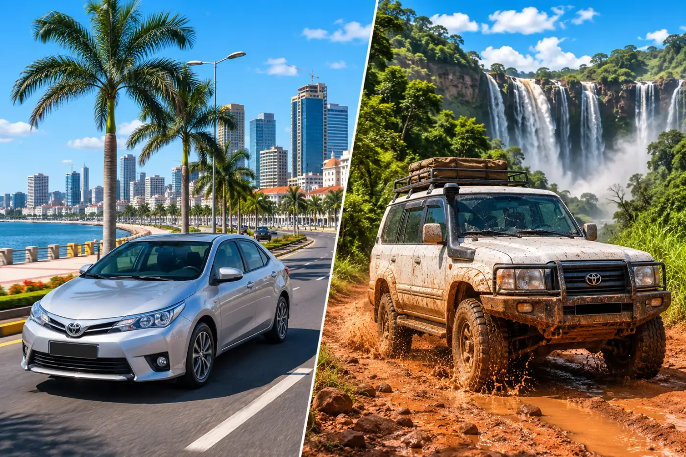 Vergelijking: een gewone sedan op de Marginal in Luanda naast een 4x4 op een onverharde weg