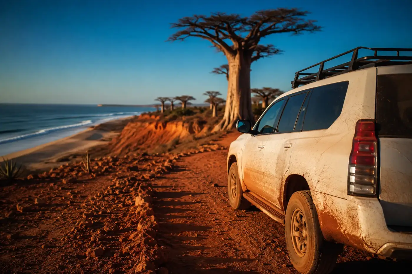 Een witte SUV op een rode aardeweg aan de kust bij Namibe in het zuiden van Angola