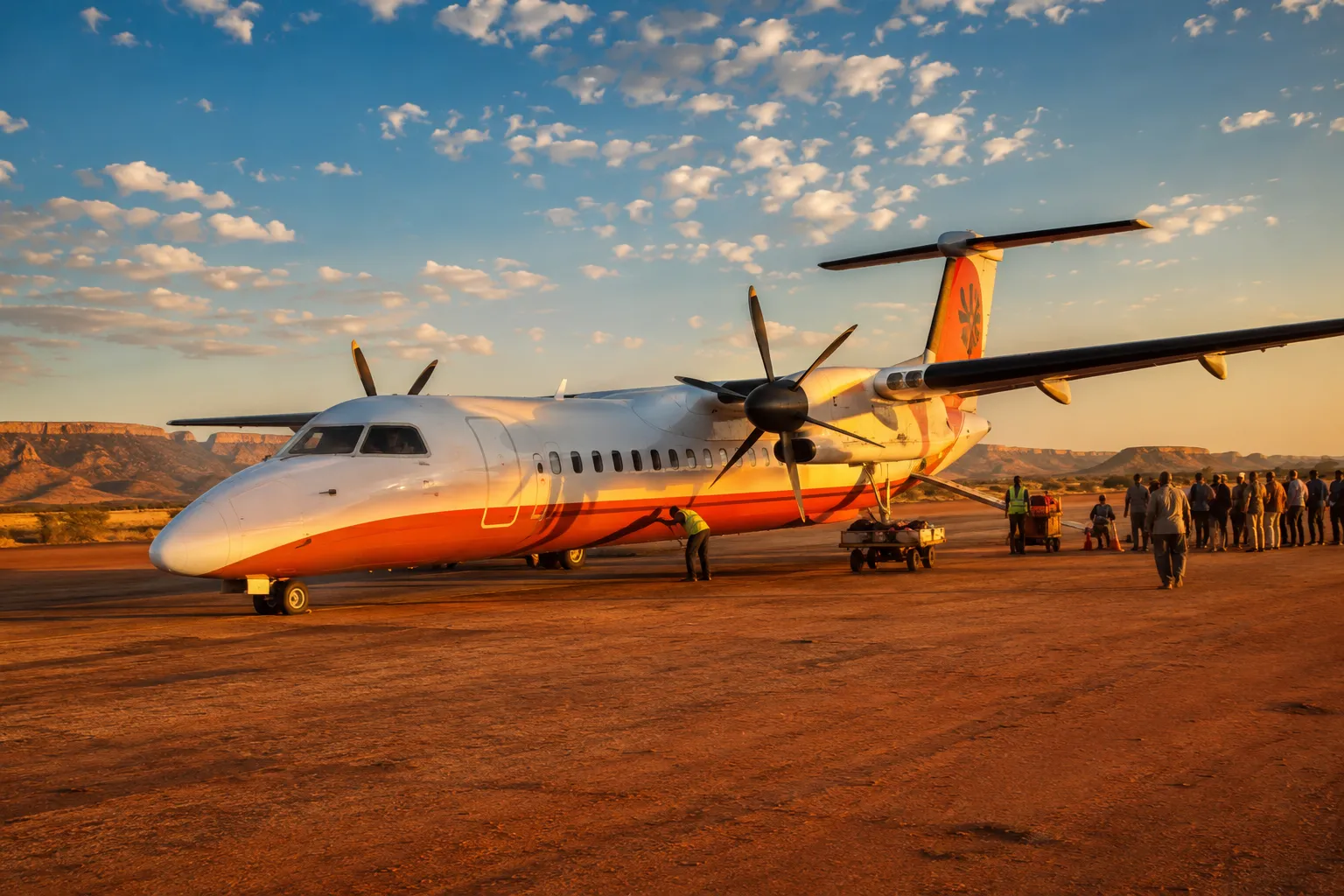 Wit-oranje propellervliegtuig op een rode landingsbaan in Angola bij warm avondlicht, met passagiers die instappen