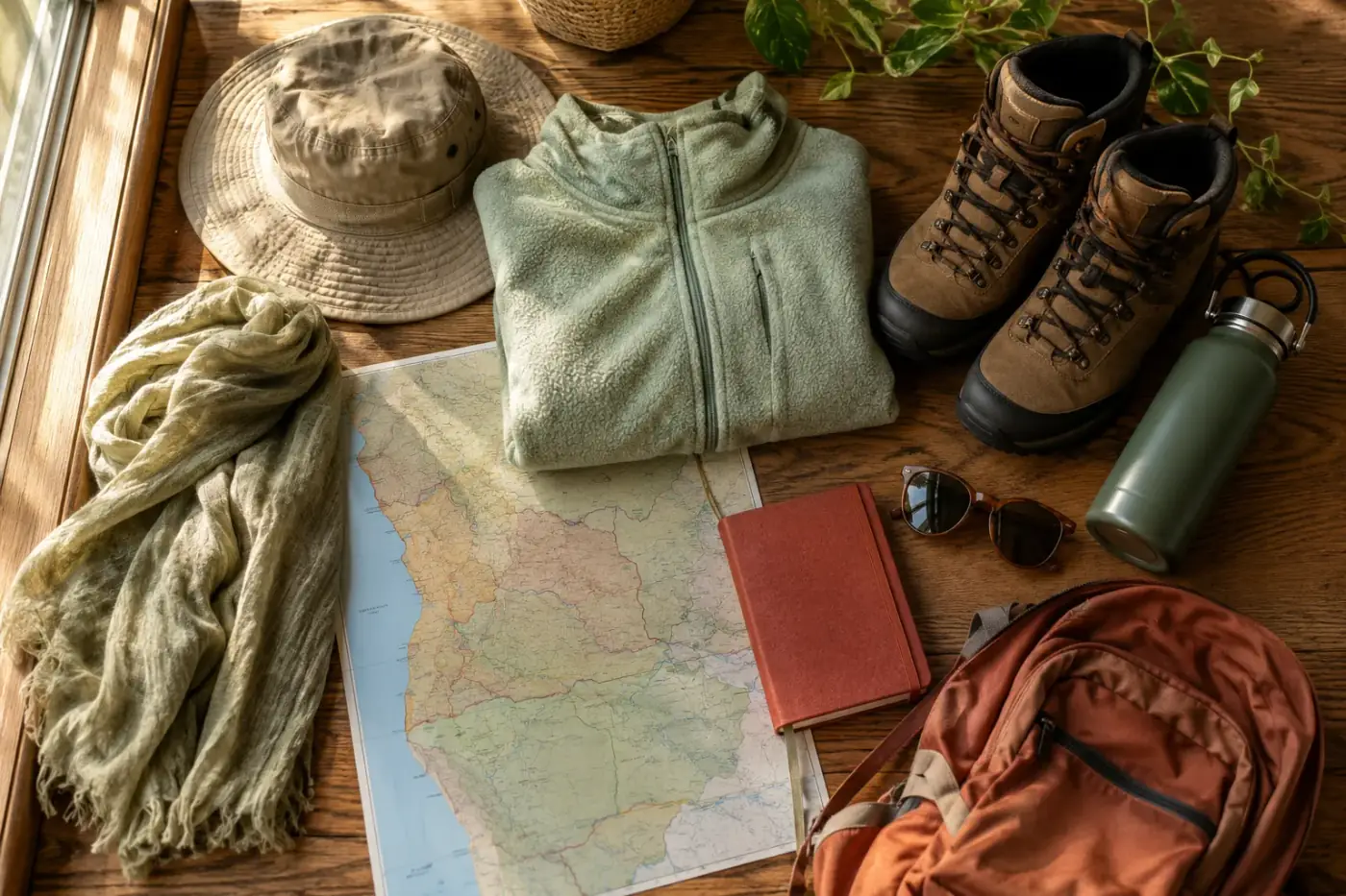 Paklijst voor het cacimbo-seizoen met fleece, wandelschoenen en een kaart van Angola