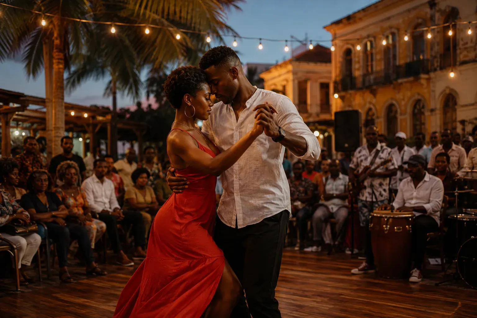 Kizomba-koppel danst dicht tegen elkaar op een open-air podium in Luanda bij schemering, met livemuzikanten en publiek op de achtergrond