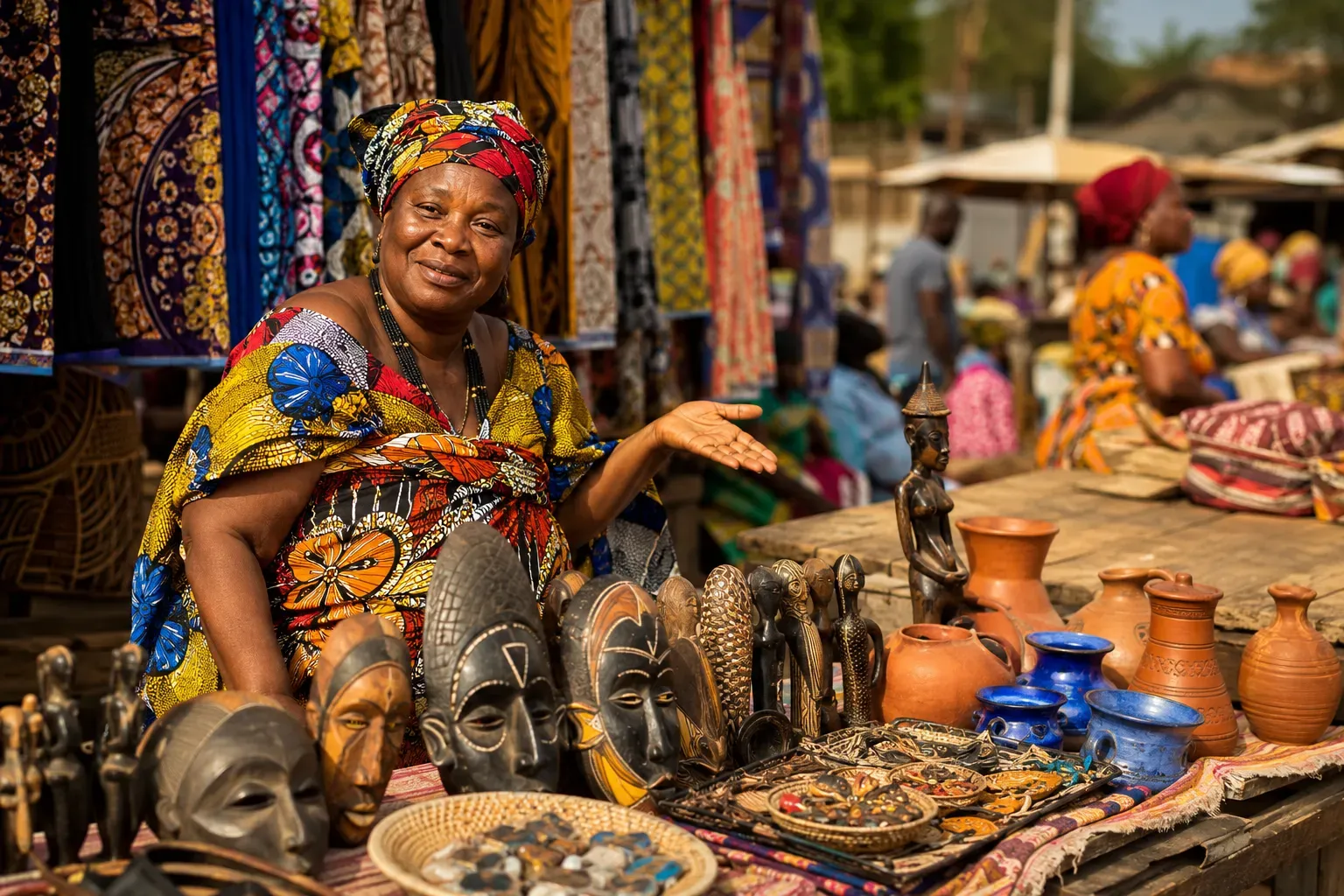 Angolese marktverkoopster in kleurrijke capulana toont houten maskers, beeldjes en aardewerk op een levendige markt in Luanda