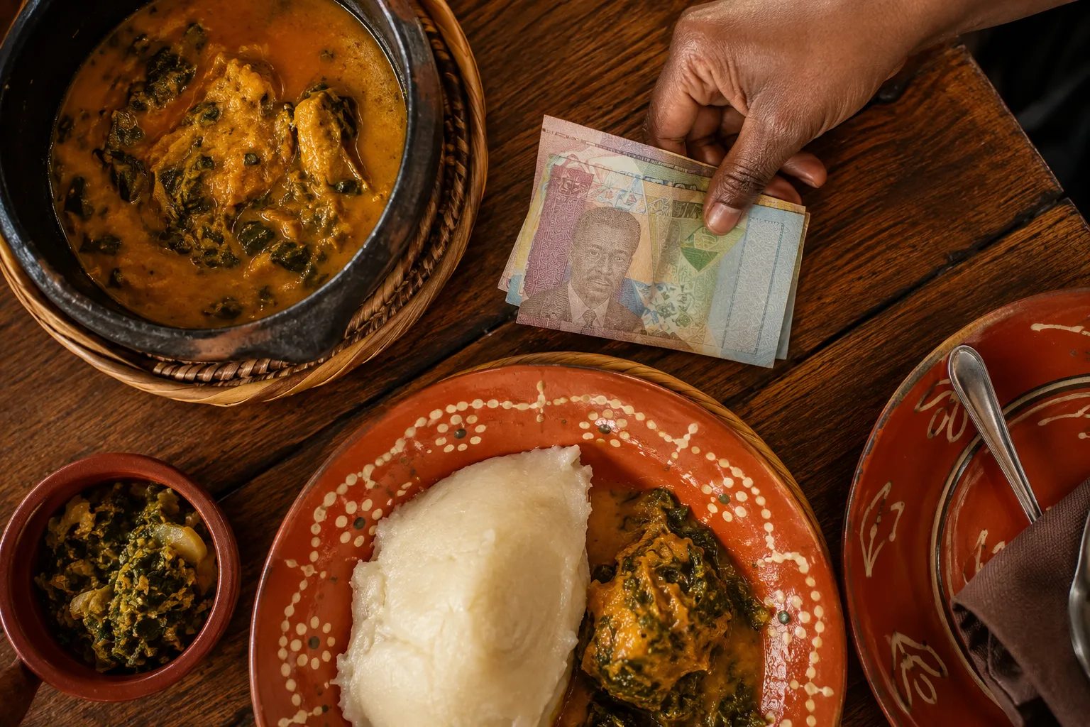 Angolese gerechten met funge en muamba op een houten tafel, met een hand die kwanza-biljetten als fooi naast het bord legt.
