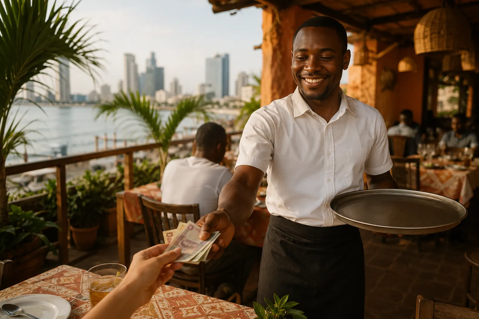 Lachende Angolese ober neemt kwanza-biljetten aan van een gast op een terras in Luanda, met de skyline op de achtergrond.