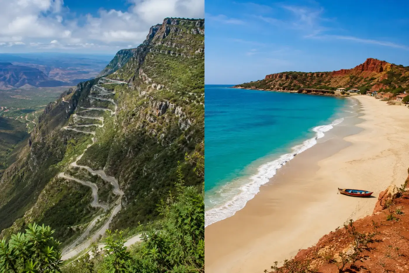 De Serra da Leba-bergpas bij Lubango naast het strand van Baia Azul bij Benguela