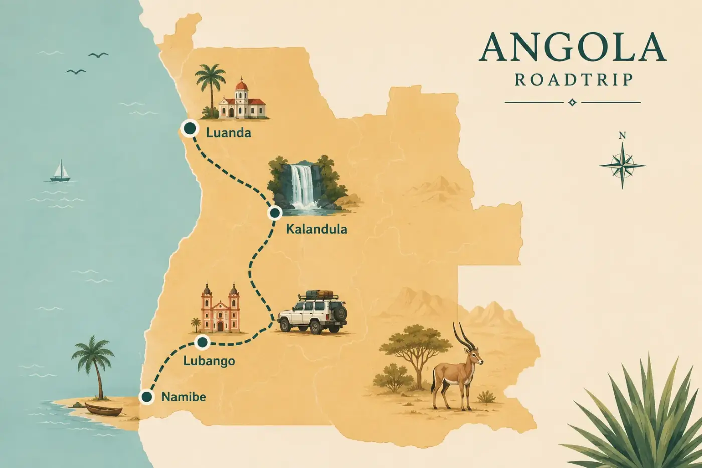 Kaart van een rondreisroute door Angola langs Luanda, Kalandula, Lubango en Namibe