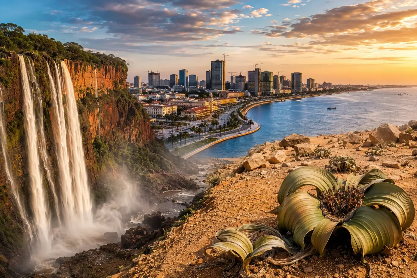 Panorama van de landschappen van Angola: de Kalandula-watervallen, de skyline van Luanda en de woestijn bij Namibe