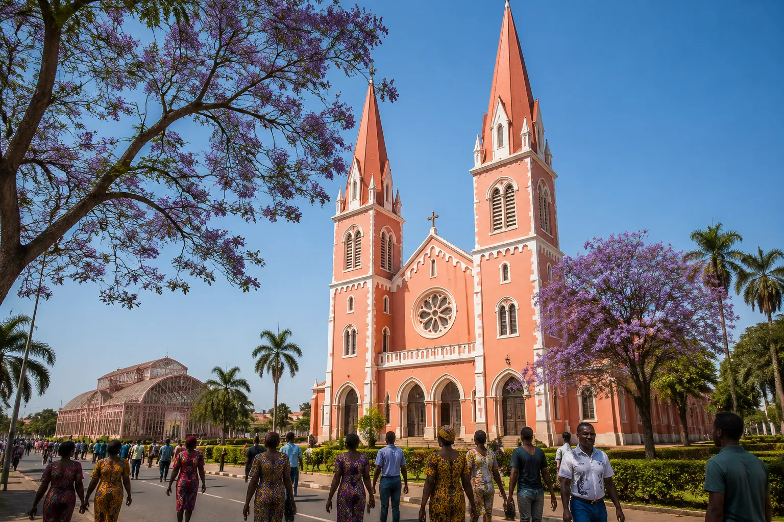 De roze kathedraal van Huambo met twee torens, omlijst door bloeiende jacaranda’s