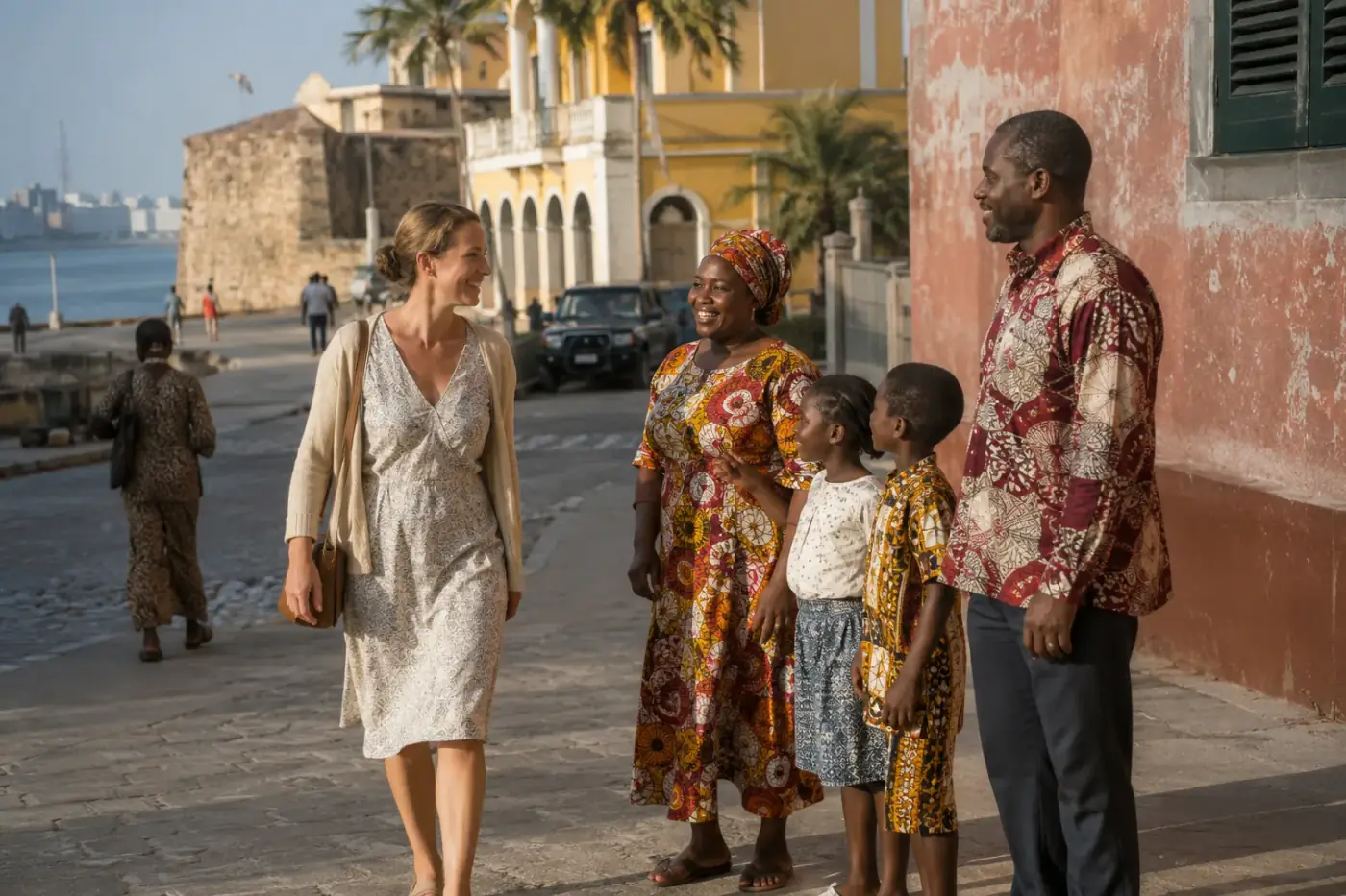 Een reiziger in gepaste, verzorgde kleding op straat in Luanda naast een lokale familie