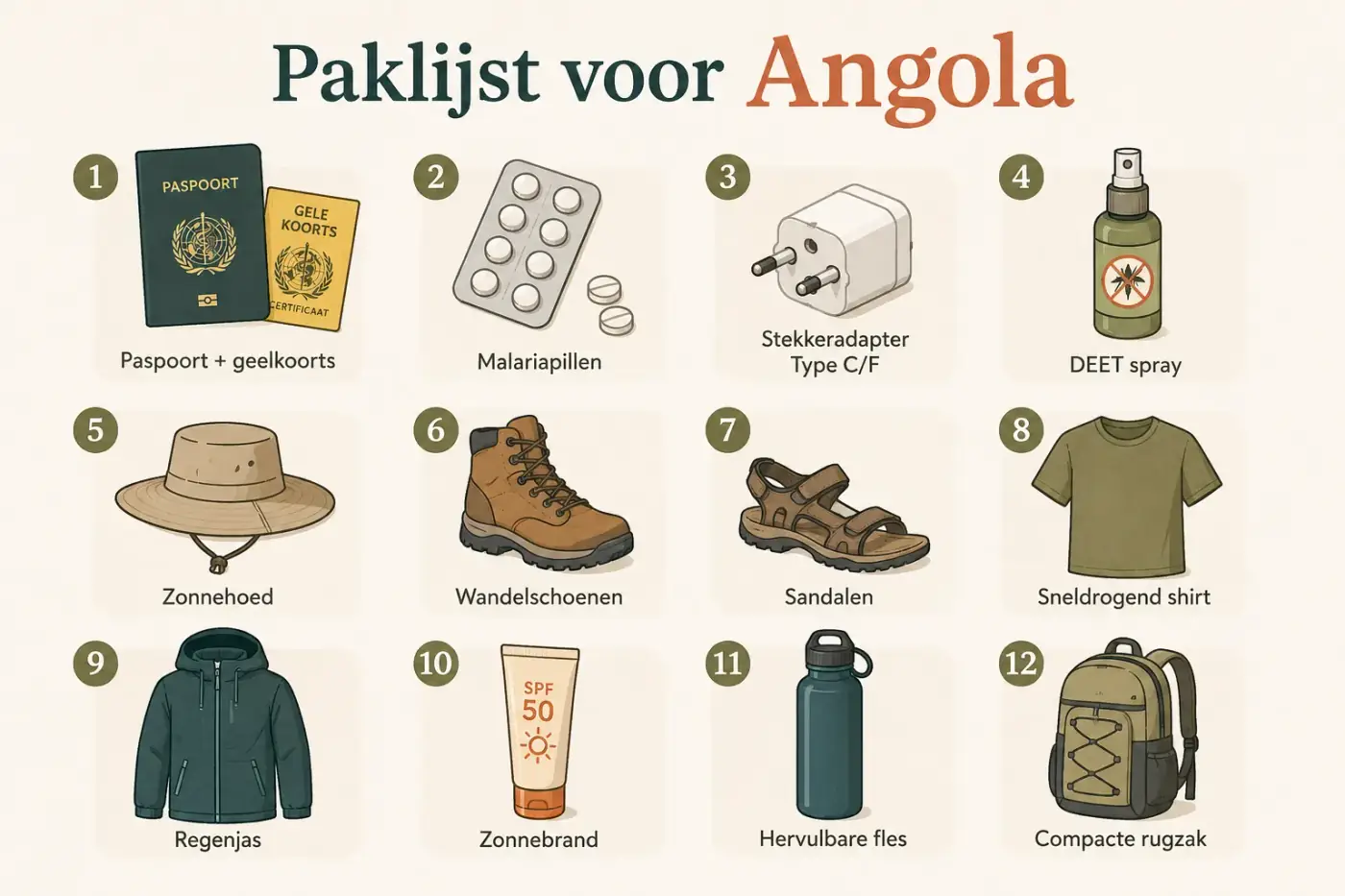 Infographic met een paklijst voor Angola: paspoort, malariapillen, stekkeradapter, hoed en regenjas
