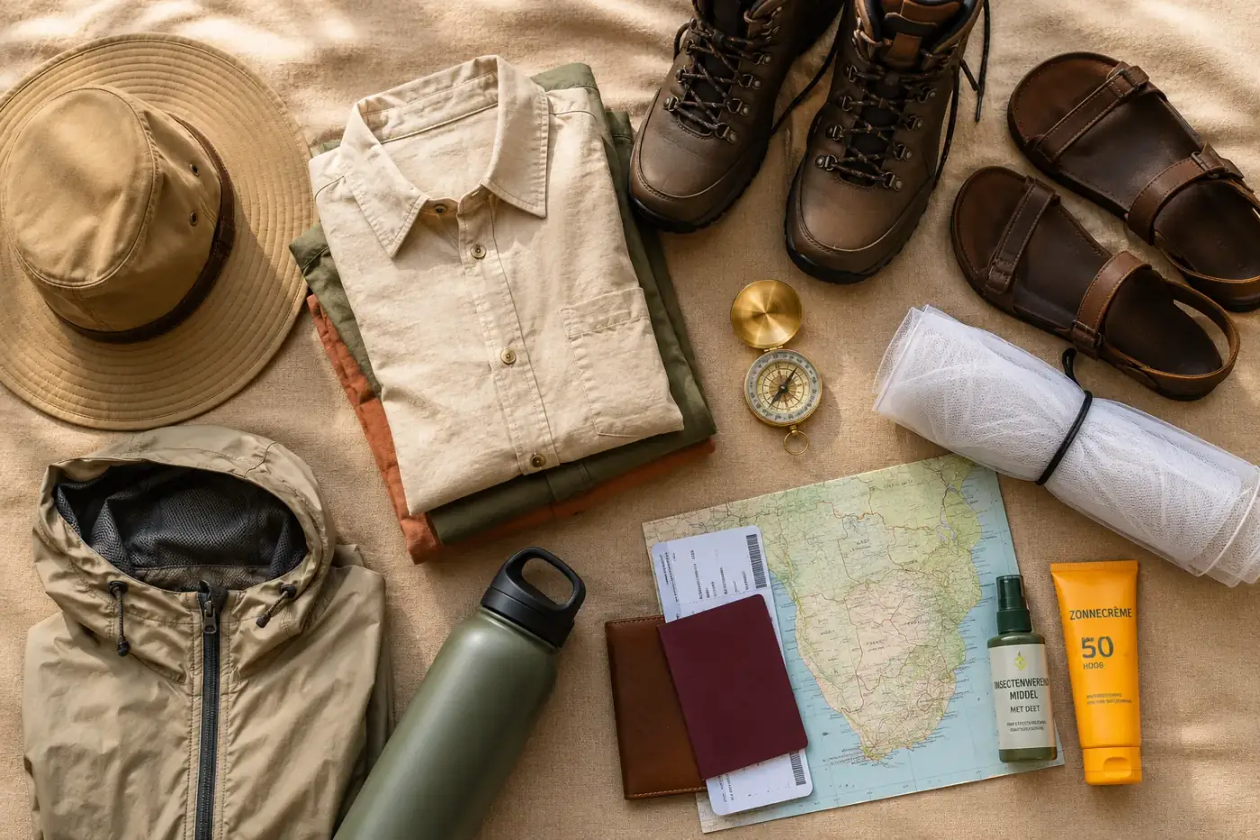 Overzichtelijke paklijst voor Angola: linnen kleding, safarihoed, wandelschoenen, kaart en reisdocumenten