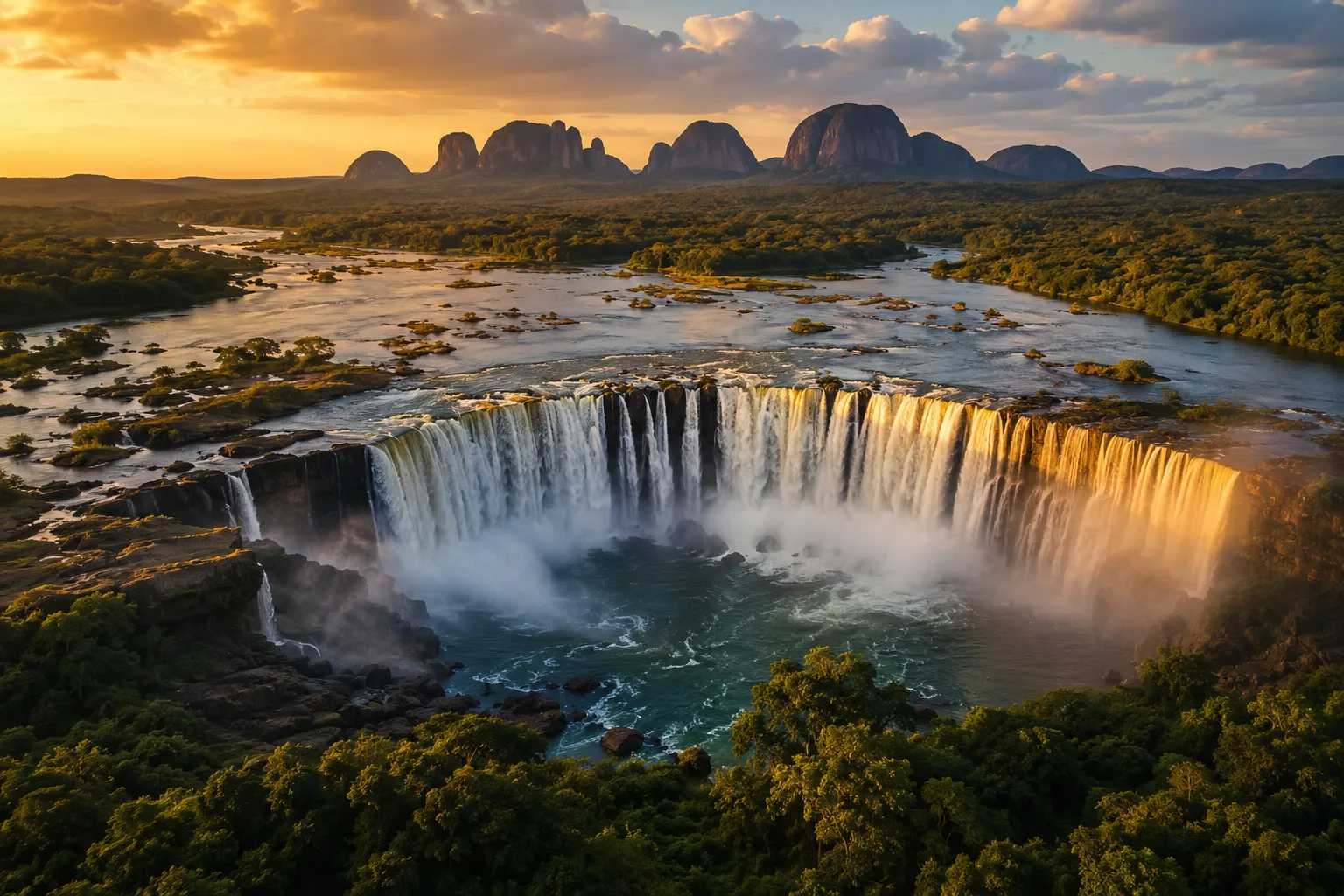 Luchtfoto van de Kalandula-watervallen in de provincie Malanje in Angola bij gouden licht