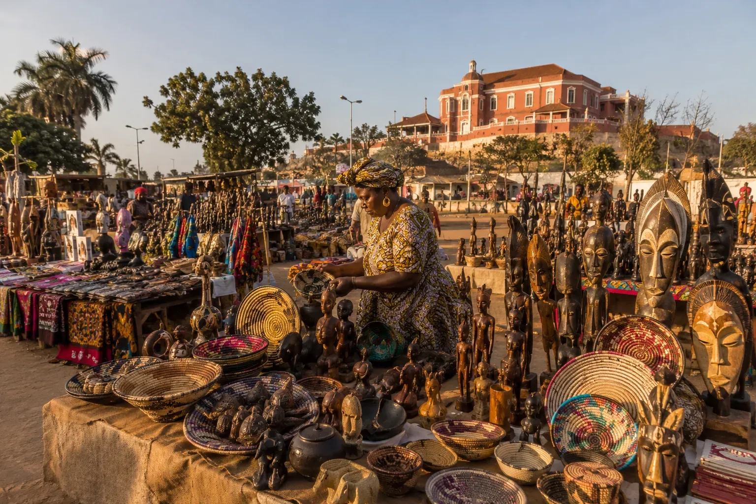 Ambachtsmarkt Mercado do Artesanato in Luanda met houten maskers en gevlochten manden op kraampjes, met een koloniaal gebouw op de heuvel erachter