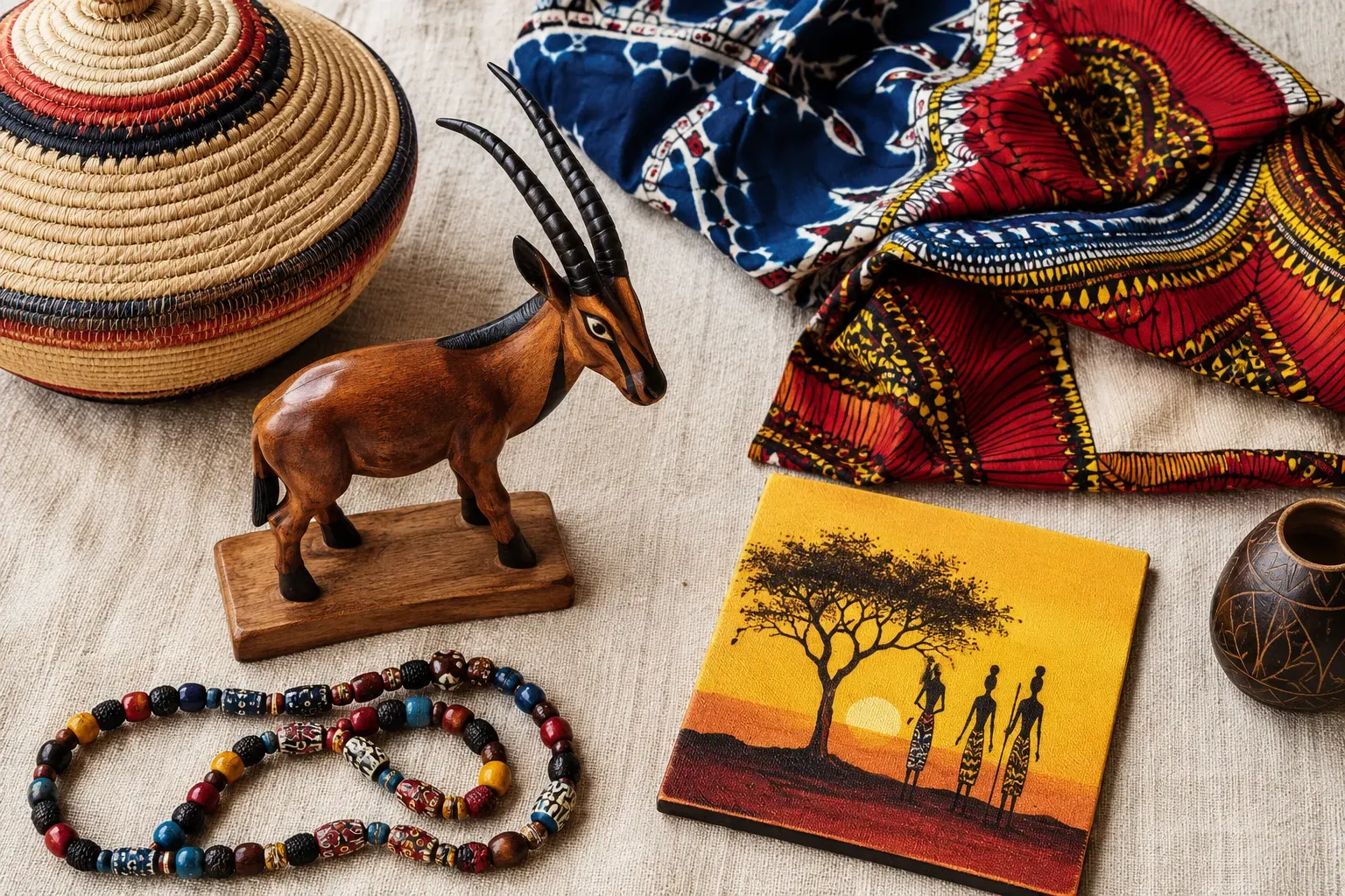 Angolese souvenirs op linnen: een houten sabelantilope, kleurrijke kanga-stof, een gevlochten mand, kralensieraden en een geschilderd doek