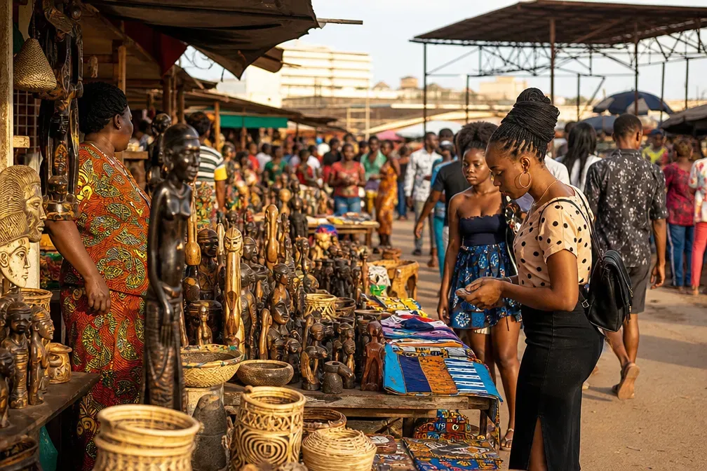 Kleurrijke ambachtsmarkt in Luanda met houten beelden, manden en textiel op kraampjes, terwijl een bezoekster de koopwaar bekijkt