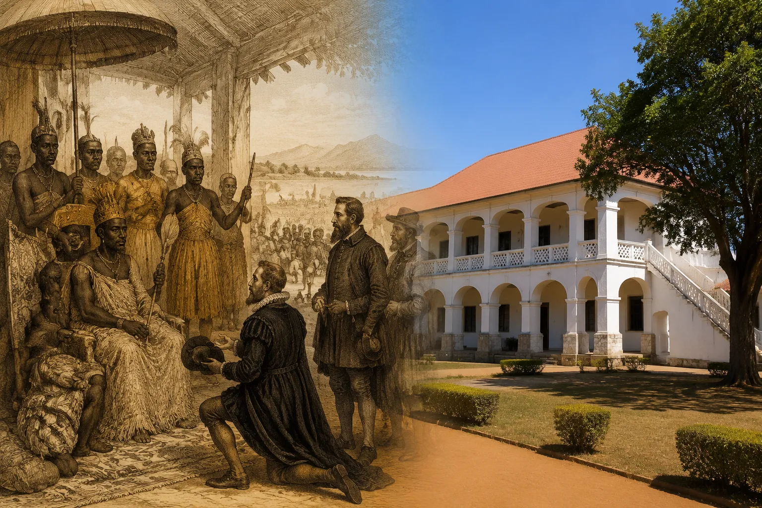 Het Koninkrijk Kongo toen en nu: een historische hofscene naast het regionale museum in het oude koninklijke paleis