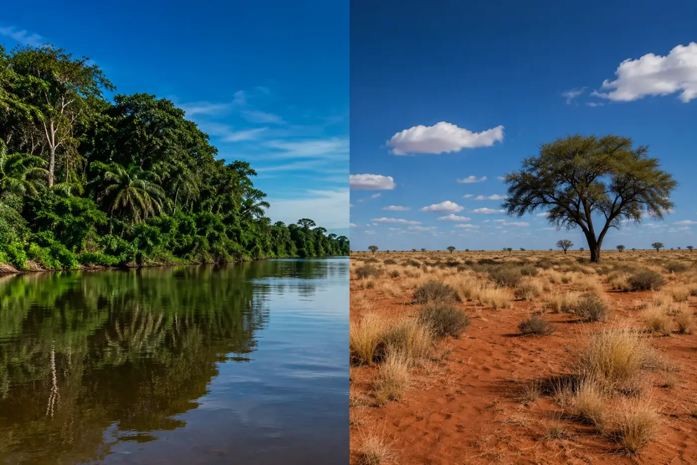Rivierbos naast open savanne met rood zand: contrast tussen ecosystemen in Angola