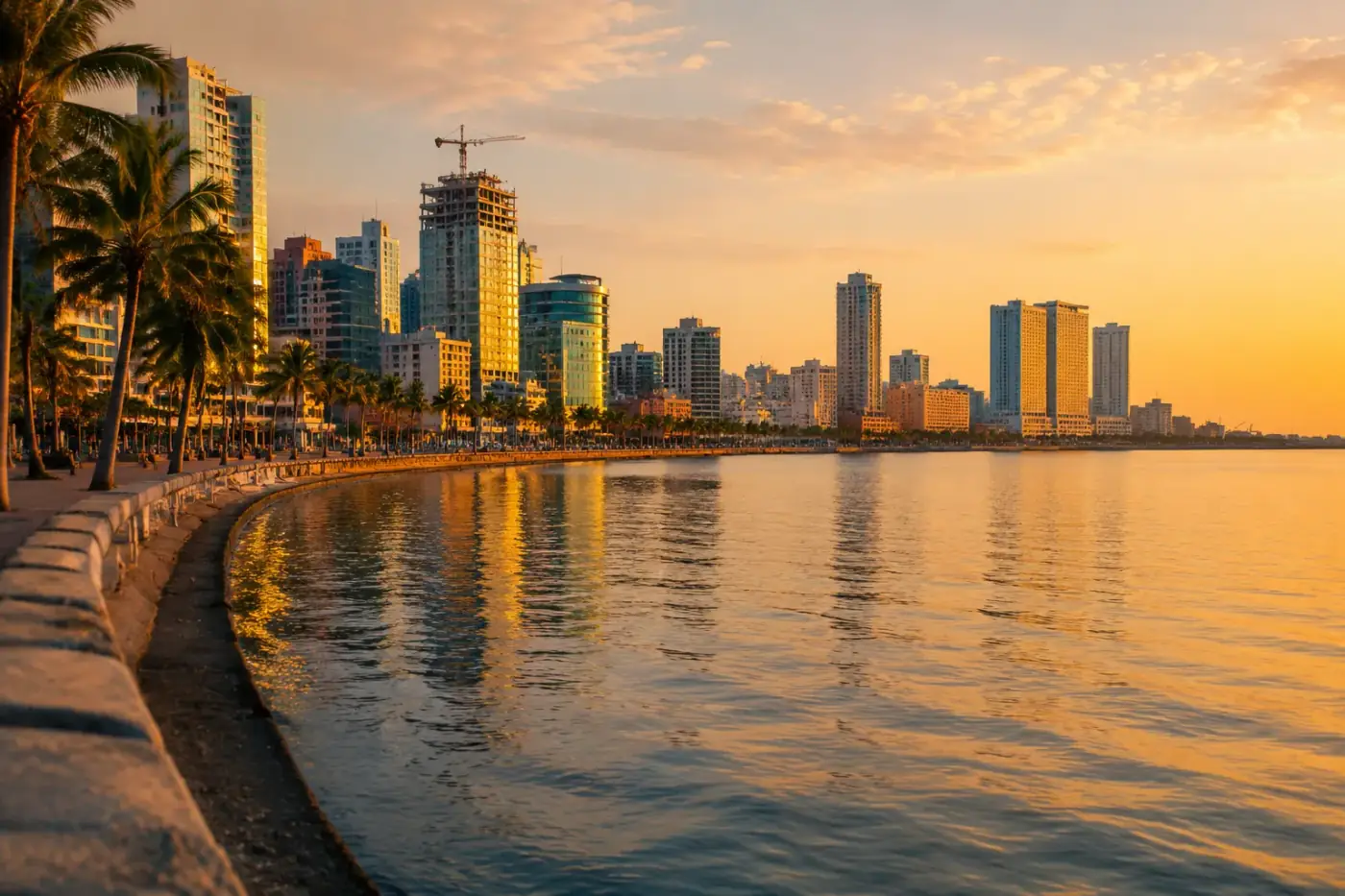 Skyline van Luanda gezien vanaf de Marginal-promenade bij zonsondergang