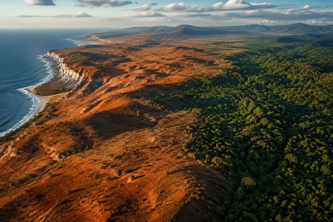Luchtfoto van het gevarieerde landschap van Angola: Atlantische kust, rode savanne en groen regenwoud
