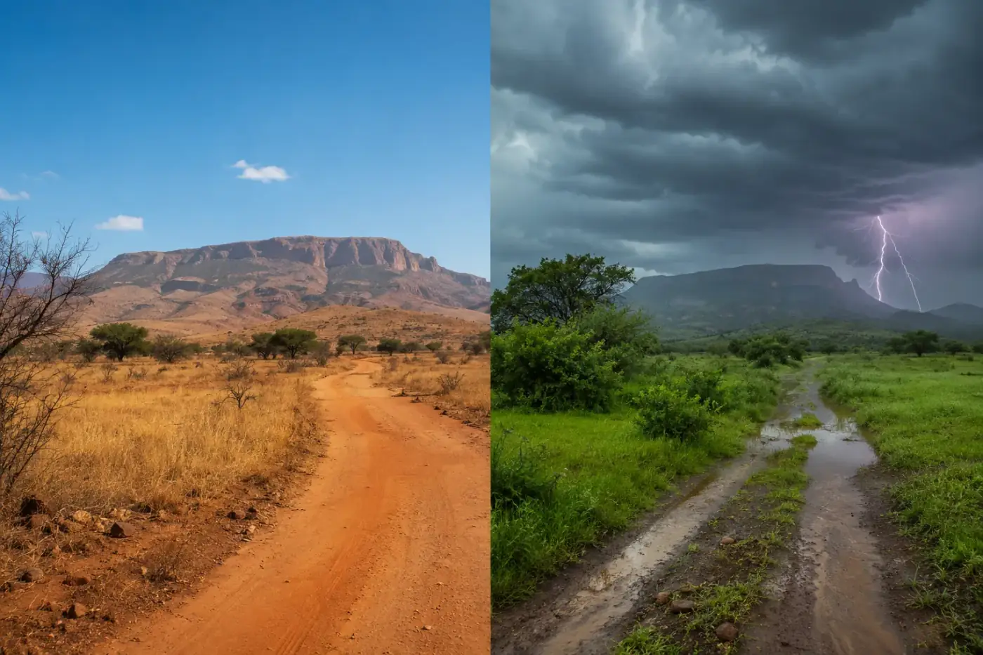 Angola in het droge seizoen versus het regenseizoen: goudgele savanne naast diepgroen landschap