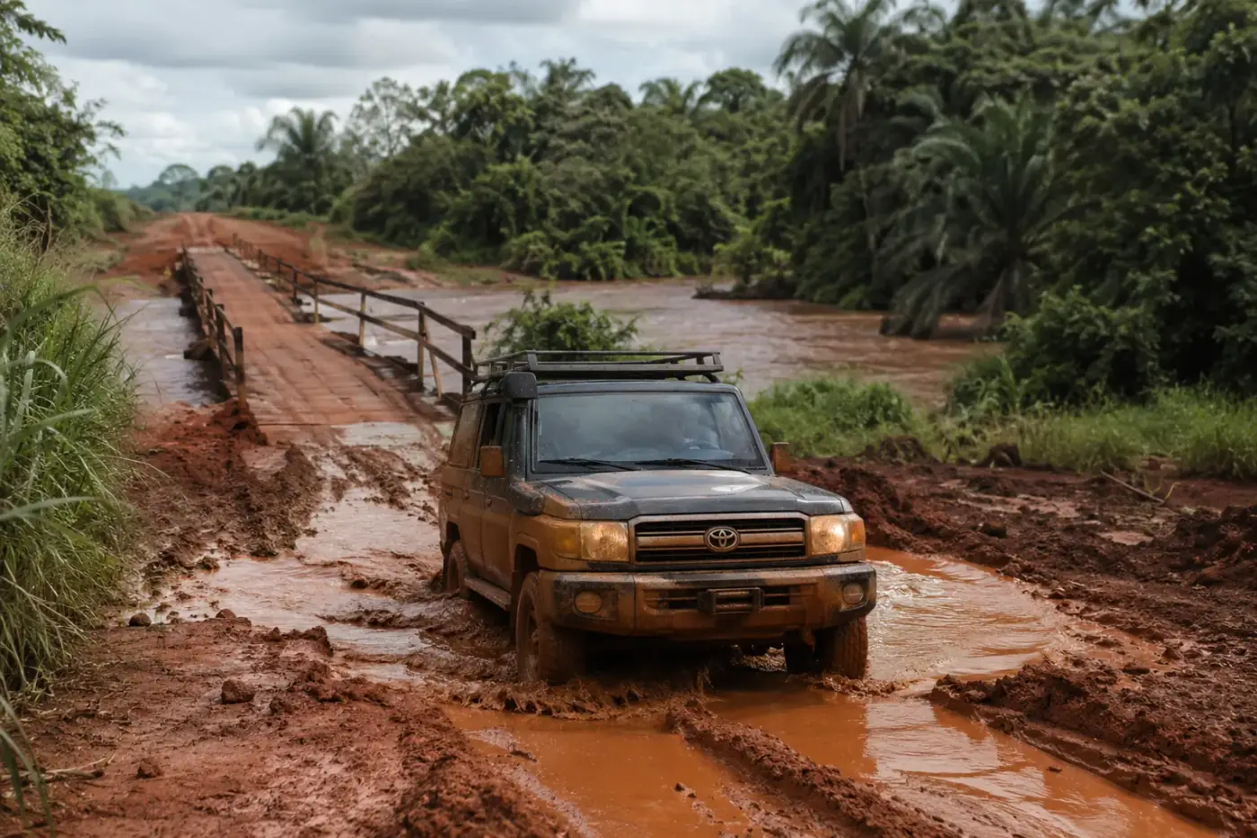 Een 4x4 op een modderige rode aardeweg in het noorden van Angola tijdens de regen