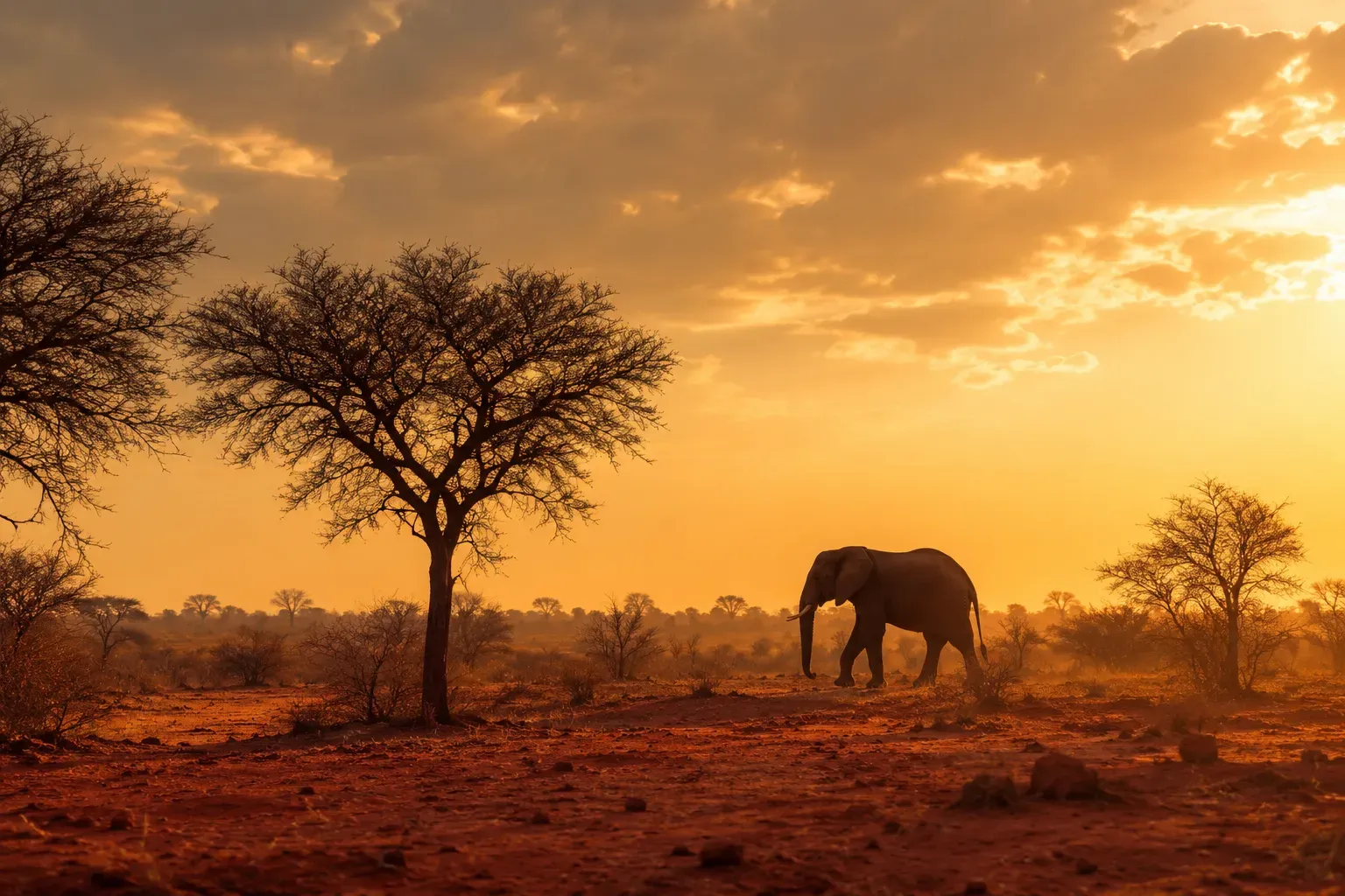 Afrikaanse olifant loopt bij zonsondergang door de savanne van Angola, met een silhouet van een acaciaboom in goudkleurig licht
