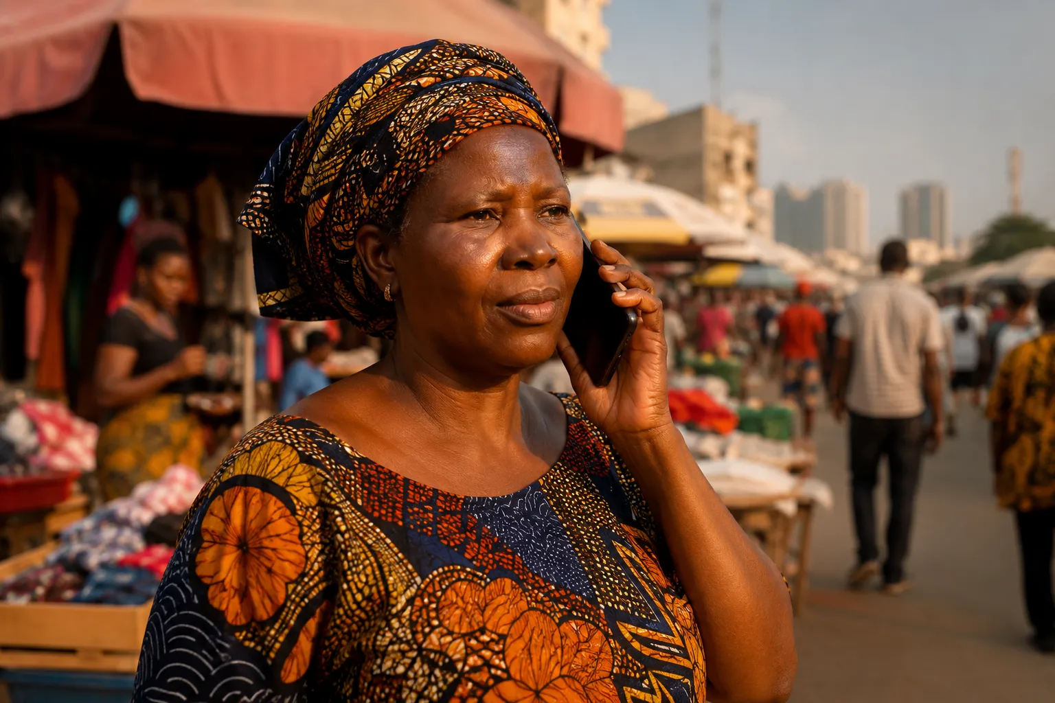 Vrouw in kleurrijke Angolese stof belt met haar smartphone op een drukke markt in Luanda