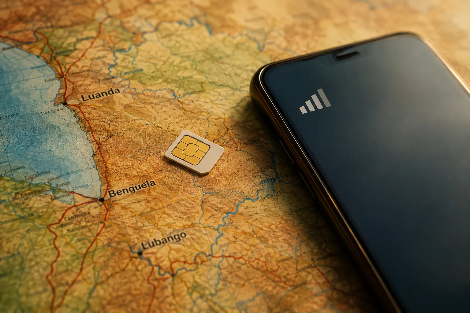 Simkaart naast een smartphone op een landkaart van Angola met Luanda, Benguela en Lubango