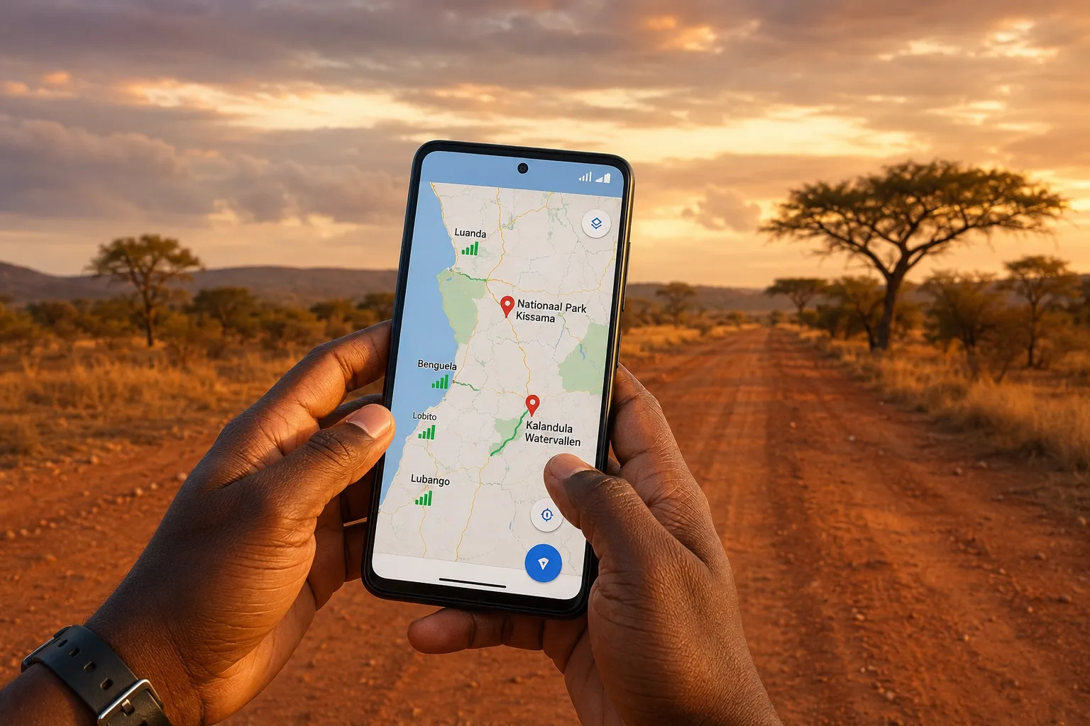 Reiziger bekijkt een kaart op de smartphone langs een landweg in het Angolese binnenland