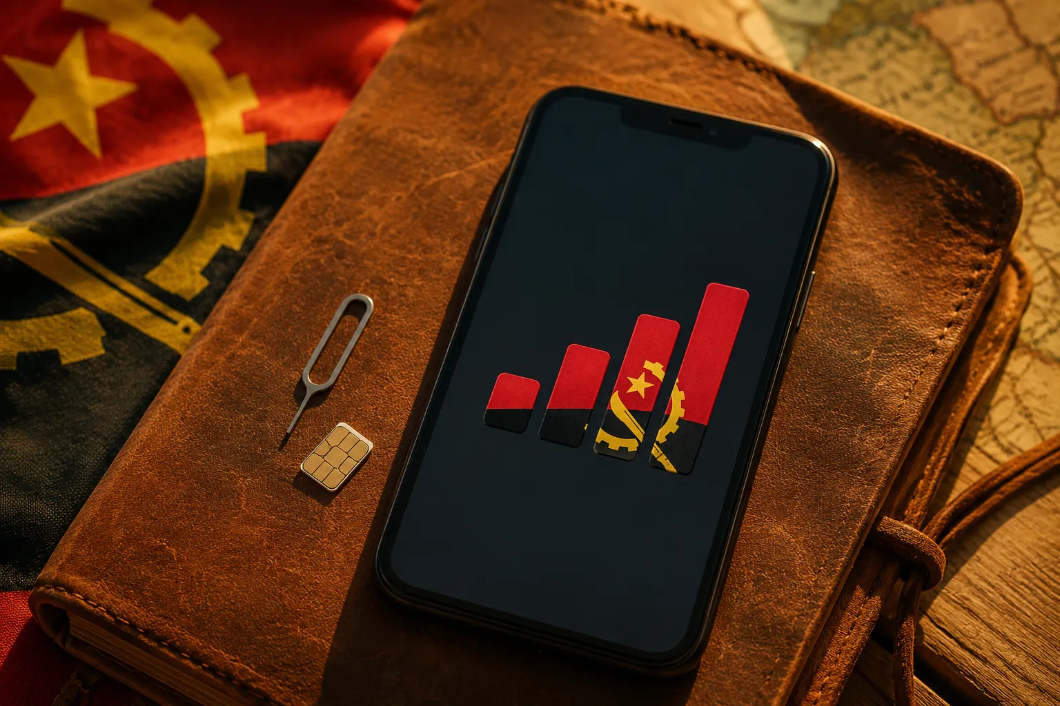 Smartphone met nano-simkaart en reisdagboek in warm licht, klaar voor mobiel internet in Angola