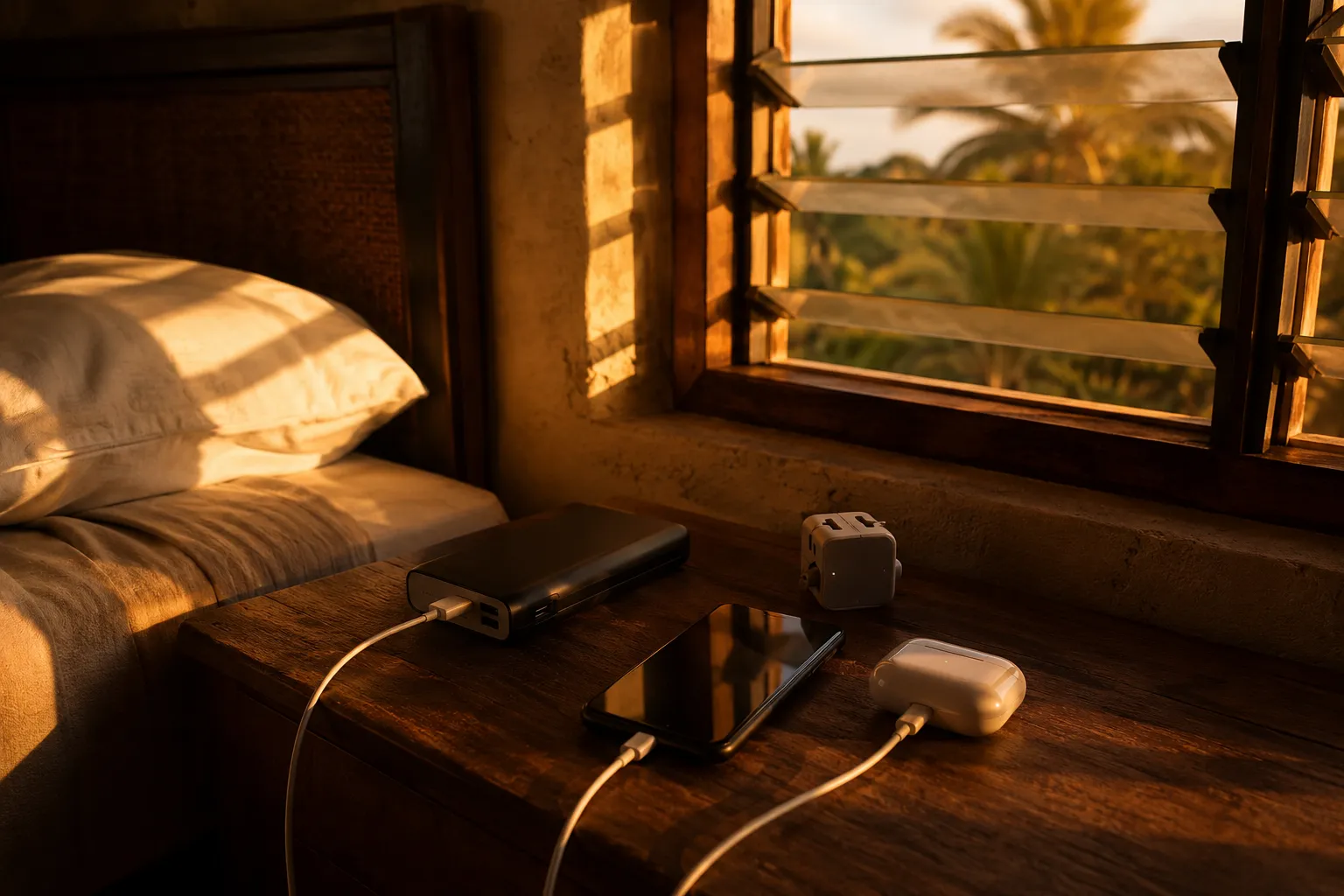 Powerbank laadt een smartphone op een houten nachtkastje bij zonsondergang in een Angolese accommodatie