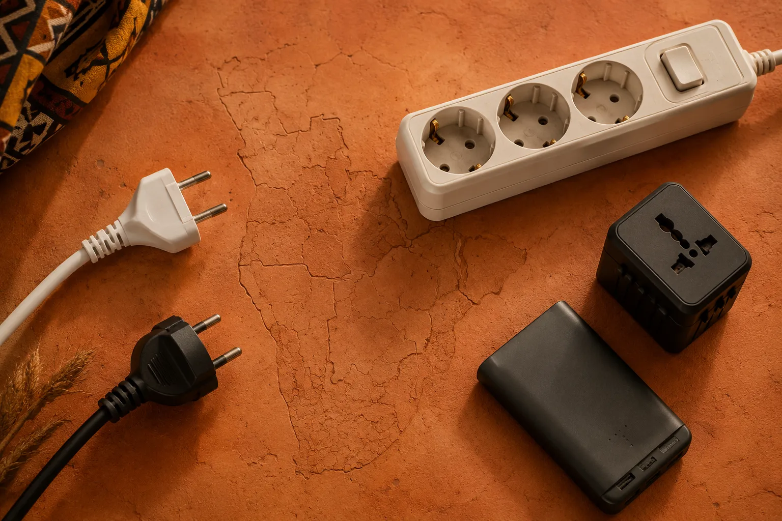 Europese stekkers type C en F, een stekkerdoos, reisadapter en powerbank op een warme terracotta ondergrond