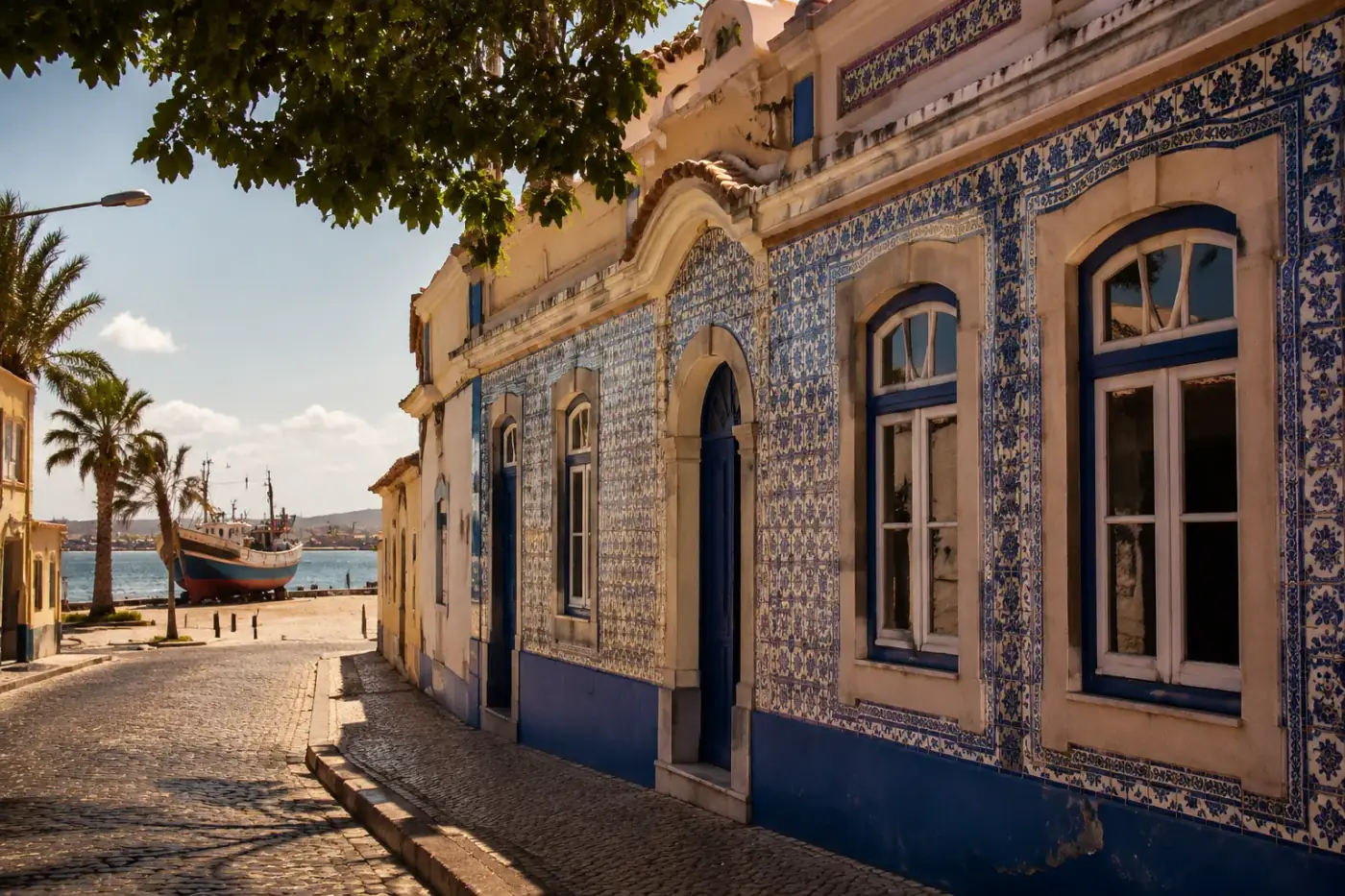 Pastelkleurige koloniale gevel met azulejo-tegels in Benguela