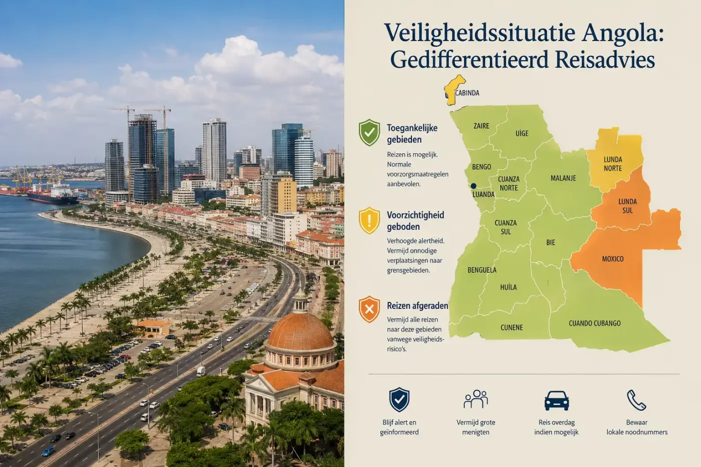 Overzicht van de veiligheidssituatie in Angola met een rustige stad bij daglicht