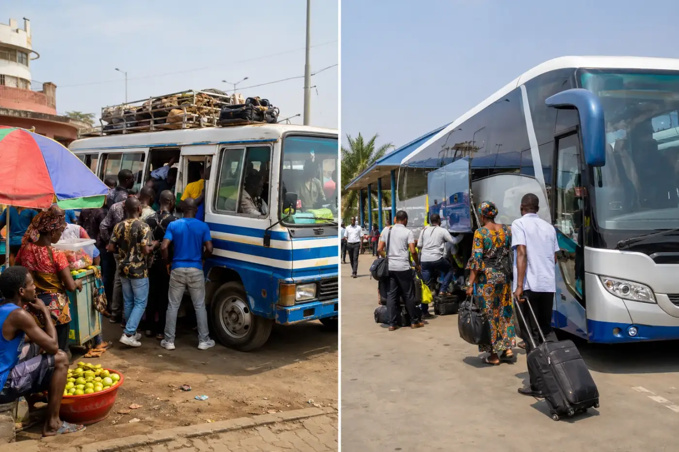 Een blauw-witte candongueiro-minibus en een moderne intercitybus in Angola