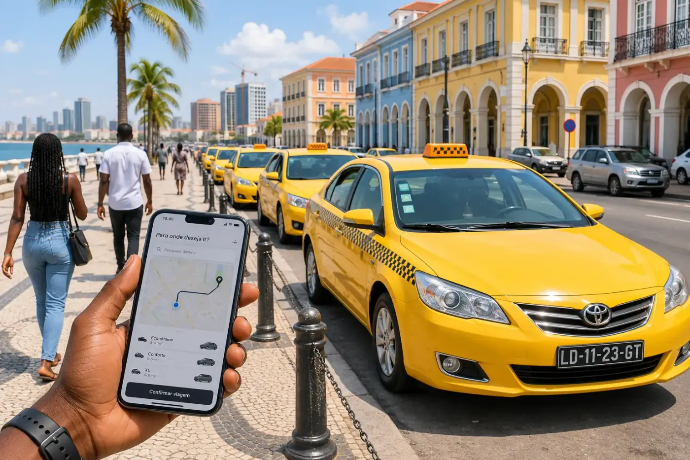 Gele taxi’s in Luanda met een ride-hailing-app op een smartphone