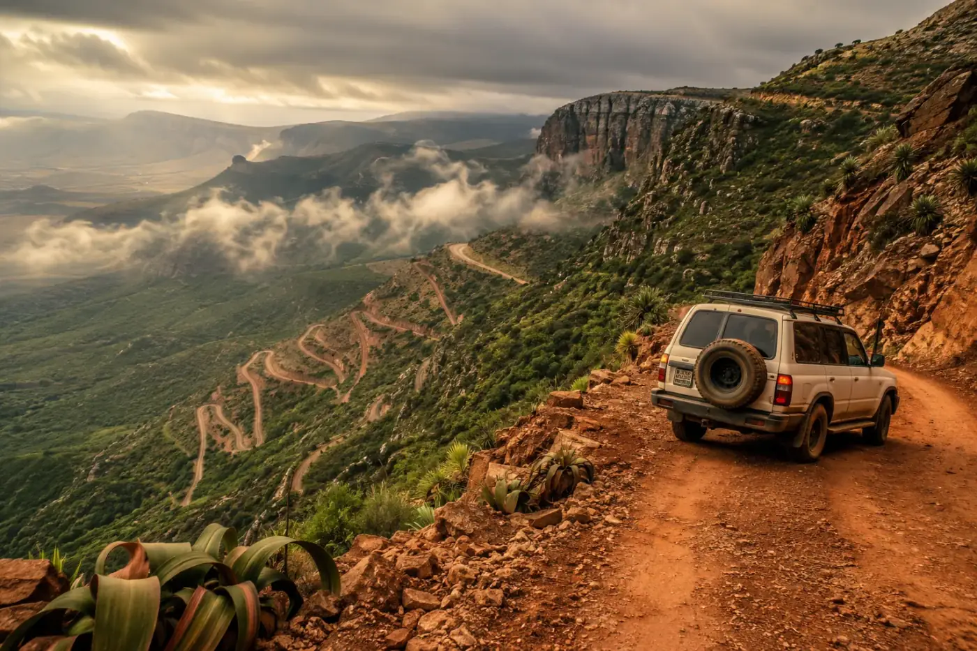 Een 4x4 op de bochtige Serra da Leba-bergpas bij Lubango