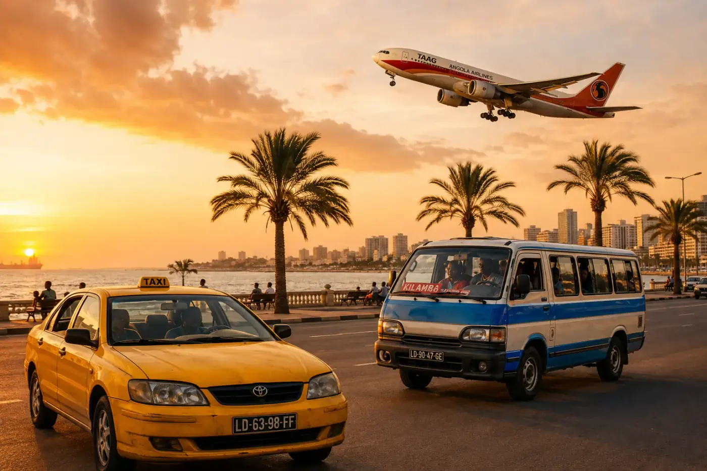 Vervoer in Angola: een gele taxi, een candongueiro-minibus en een TAAG-vliegtuig boven Luanda
