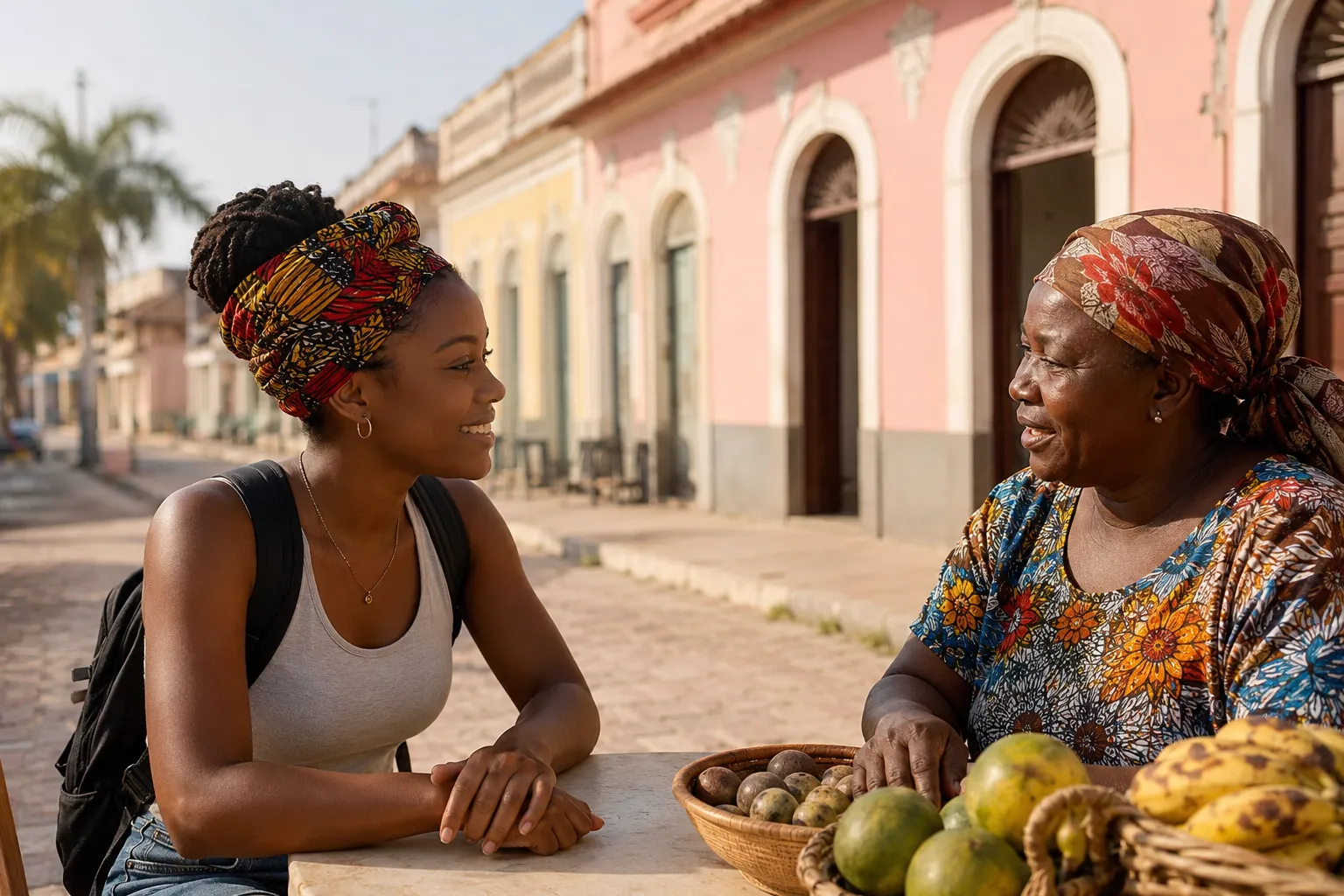 Alleenreizende vrouw in gesprek met een lokale marktvrouw aan een terrasje in Benguela, Angola